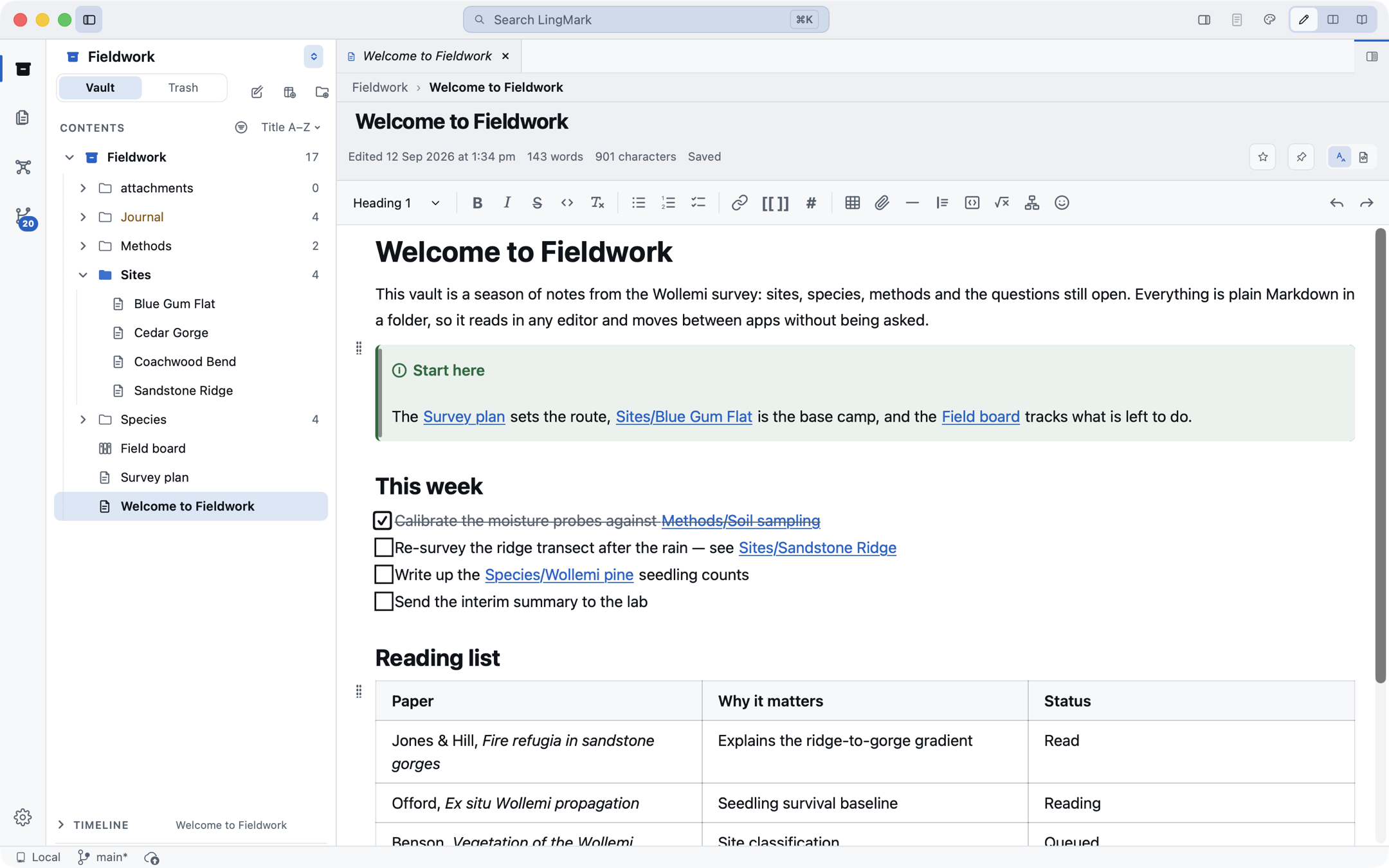 LingMark's rich editor showing a note with a callout, a task list and a table, beside the vault tree