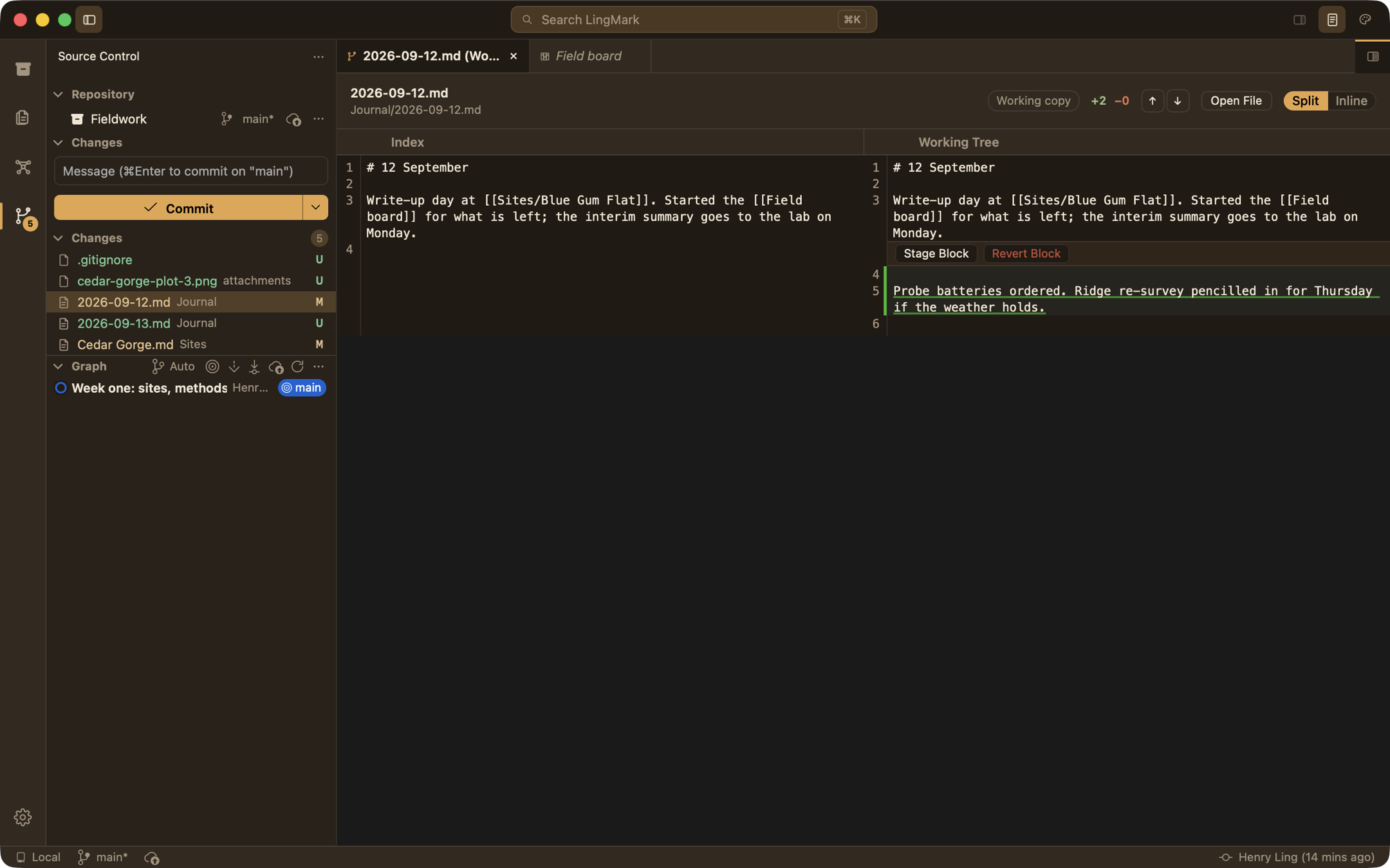 Source control with a split diff, in Lamplight