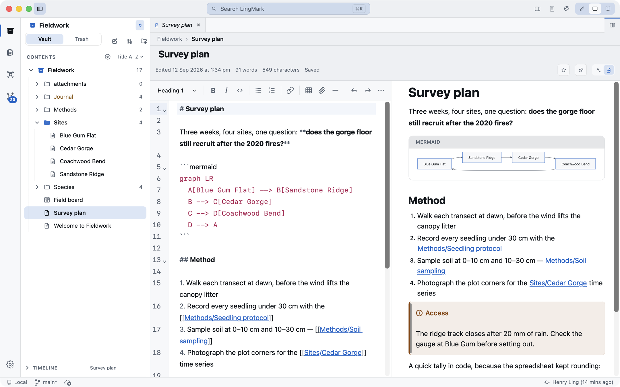 Split view: the Markdown source on the left and the rendered page on the right, with a Mermaid diagram drawn